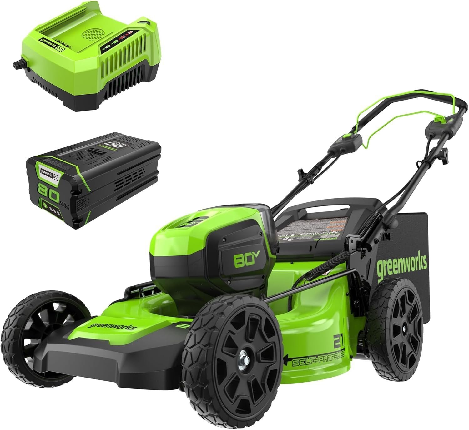 713MT7wZyEL._AC_SL1500_.jpg Greenworks 80V 21" Cordless Self-Propelled Lawn Mower - Image 1