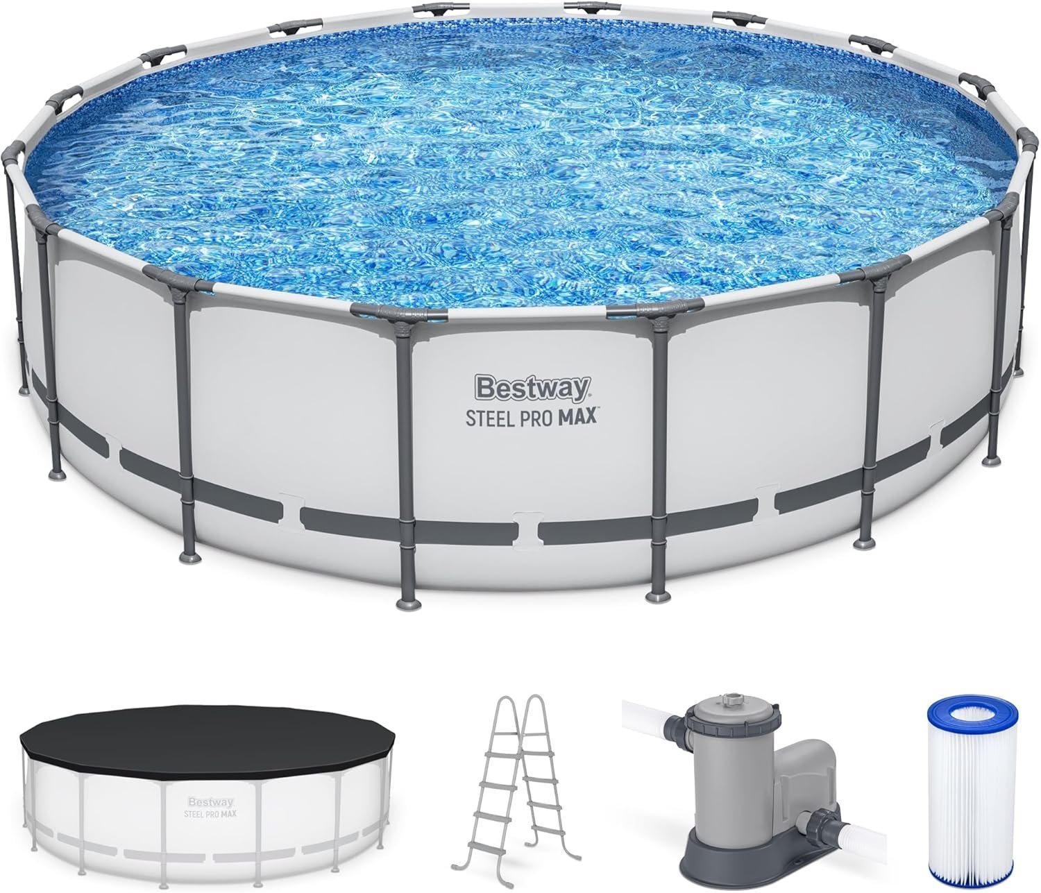 81mWwE6whhL._AC_SL1500_.jpg Bestway Steel Pro MAX 16 Foot x 48 Inch Round Metal Frame Above Ground Outdoor Swimming Pool Set - Image 1