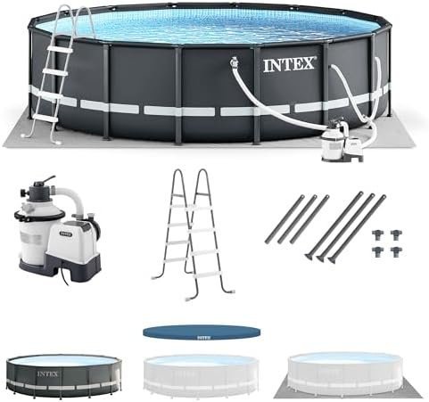 B08RZCQ77J-0-1755895123326.jpg Intex Ultra XTR Frame 14' x 42" Round Above Ground Outdoor Swimming Pool Set with Sand Filter Pump, Ladder, Ground Cloth, and Pool Cover - Image 1